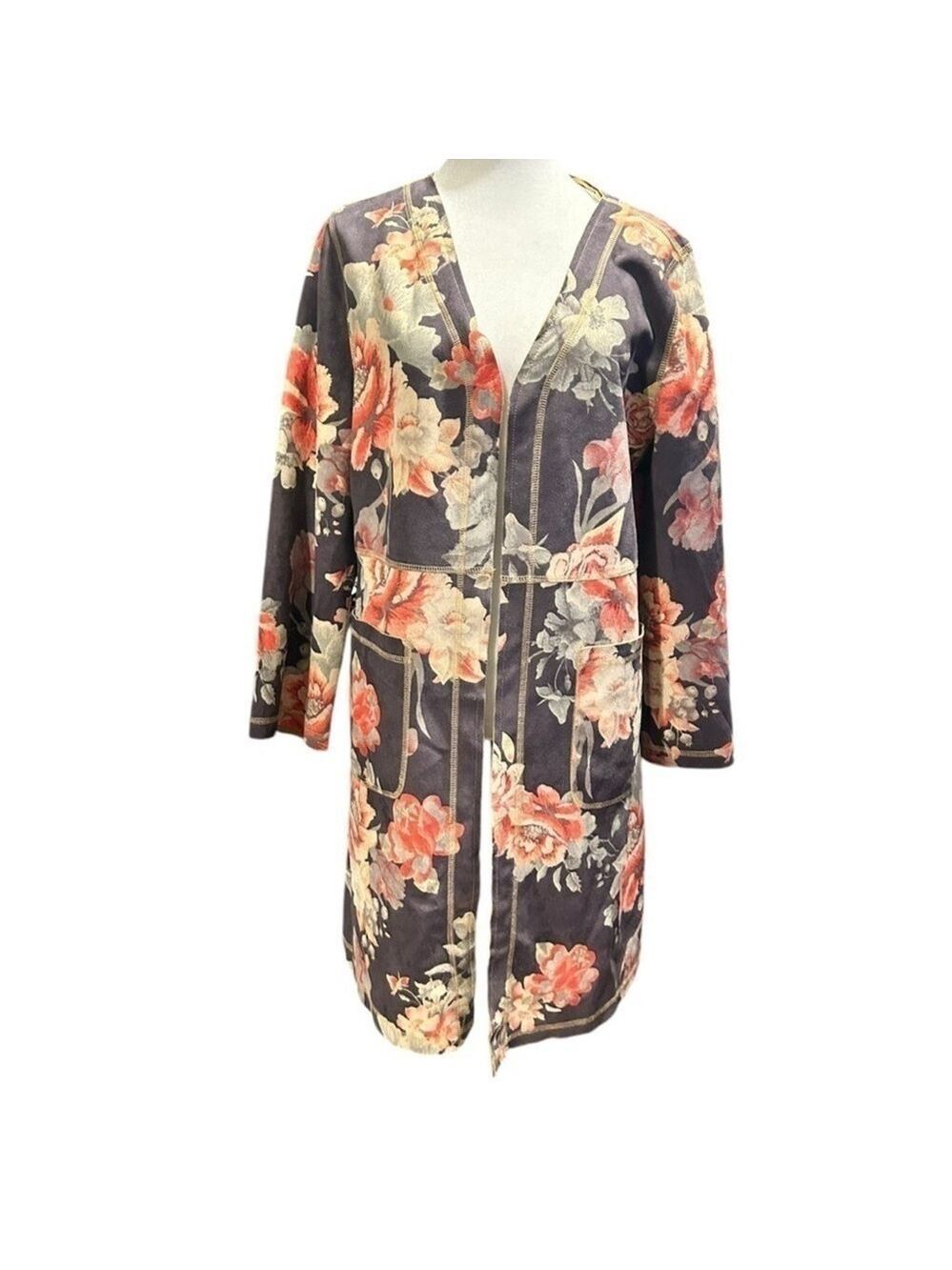 SOLITAIRE Anthropologie Cardigan Faux Suede Duster Floral Kimono Jacket Sz M EC